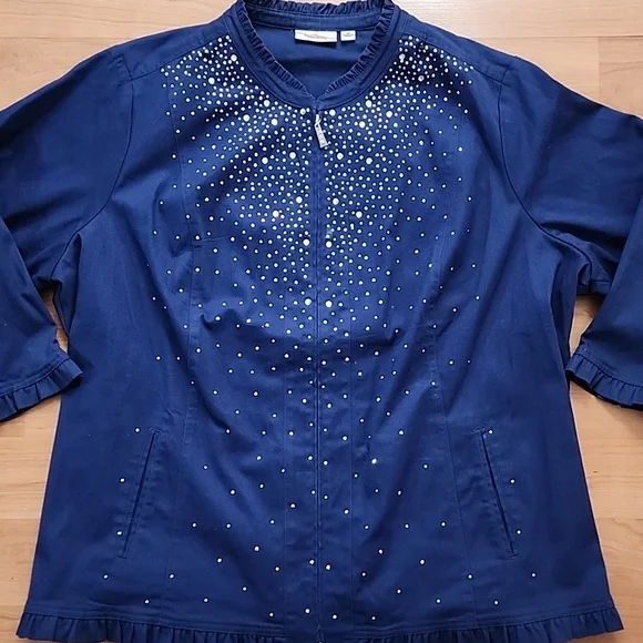 Quacker Factory Sparkle Stretch Embellished Ruffle Navy Blue Jacket - Picture 1 of 13